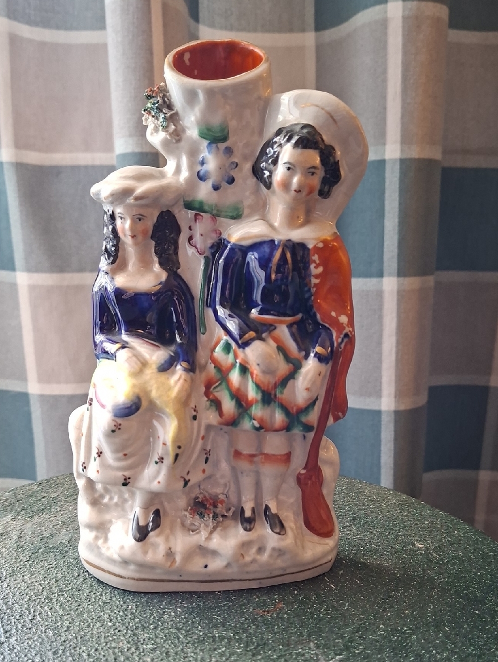 Antique Staffordshire-Style Double Figural Spill Vase in Blue, Orange & Cream